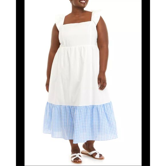 English Factory White Tiered Dress Womens Sz 2X Cottagecore Feminine Gingham - Picture 1 of 10